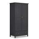 Black wardrobe with two doors and a drawer on a white background