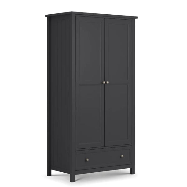 Black wardrobe with two doors and a drawer on a white background