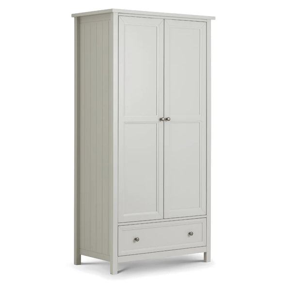White wardrobe with two doors and a drawer on a white background