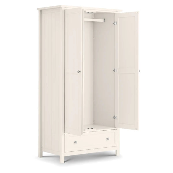 White wardrobe with open doors on a white background