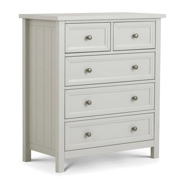 Light gray dresser with multiple drawers on a white background