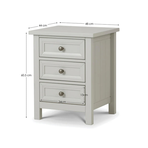 Gray nightstand with dimensions labeled on a white background