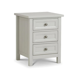 Grey nightstand with three drawers on a white background