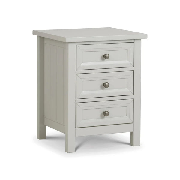 Grey nightstand with three drawers on a white background