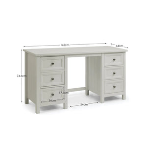 Grey desk with dimensions labeled on a white background
