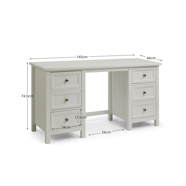 Grey desk with dimensions labeled on a white background