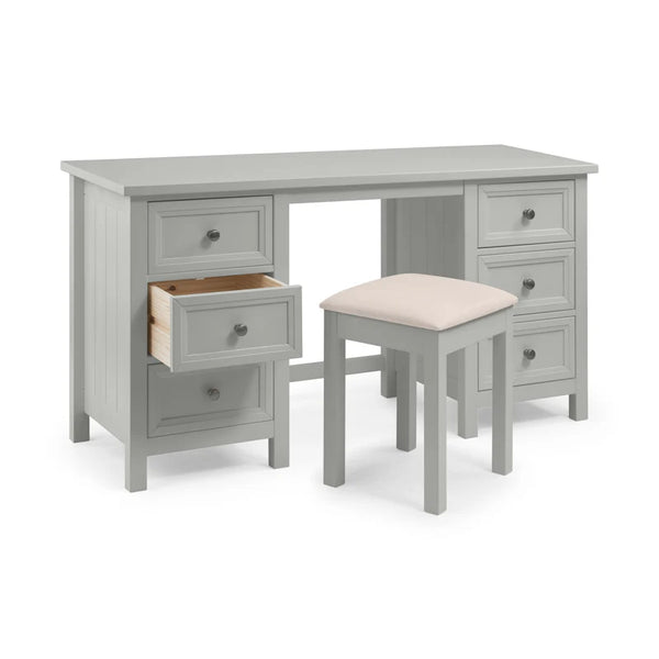 Gray desk with a cushioned stool on a white background
