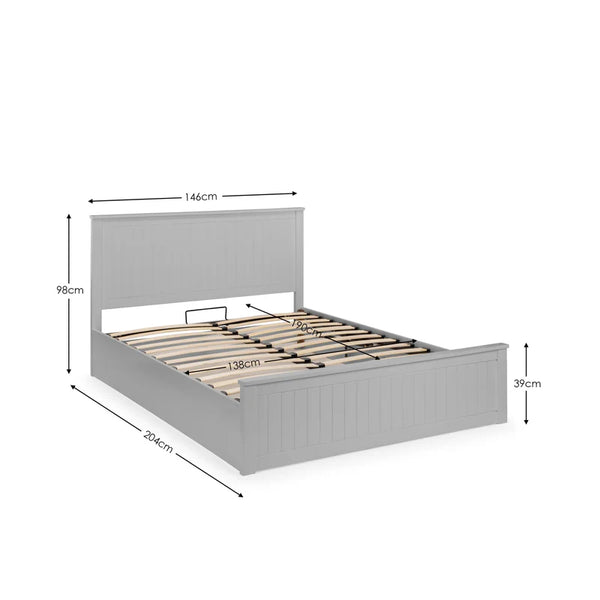 Gray bed frame with dimensions labeled on a white background
