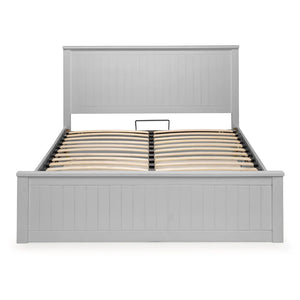 Gray bed frame with wooden slats on a white background