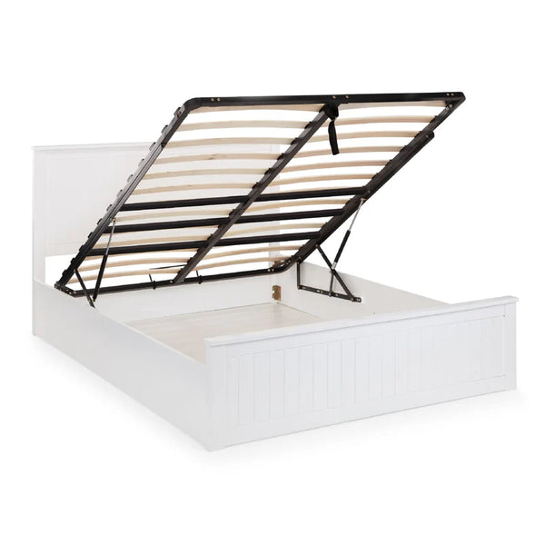 White bed frame with wooden slats on a white background