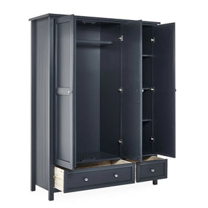 Black wardrobe with open doors on a white background
