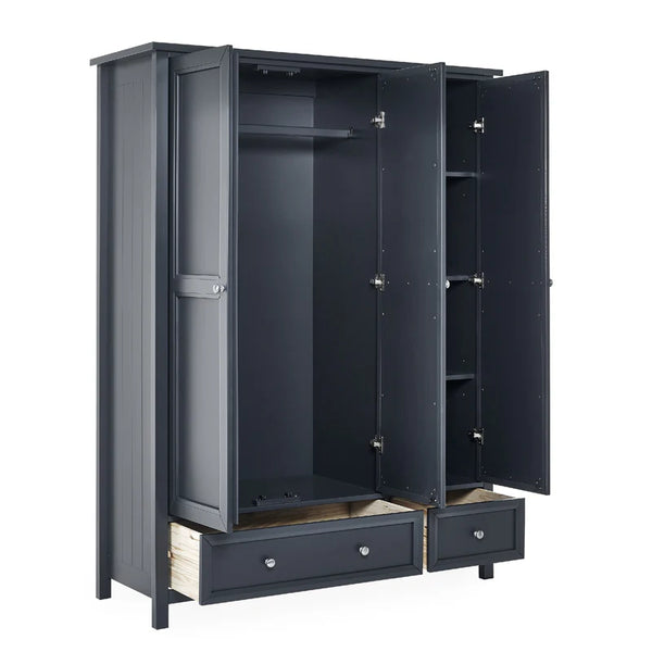 Black wardrobe with open doors on a white background