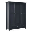 Black wardrobe with three doors and two drawers on a white background