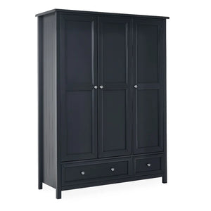 Black wardrobe with three doors and two drawers on a white background