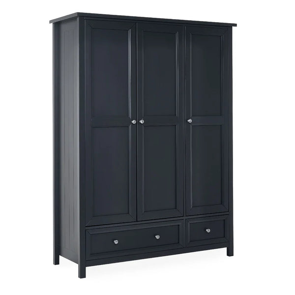 Black wardrobe with three doors and two drawers on a white background