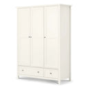 White wardrobe with three doors and two drawers on a white background