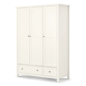 White wardrobe with three doors and two drawers on a white background