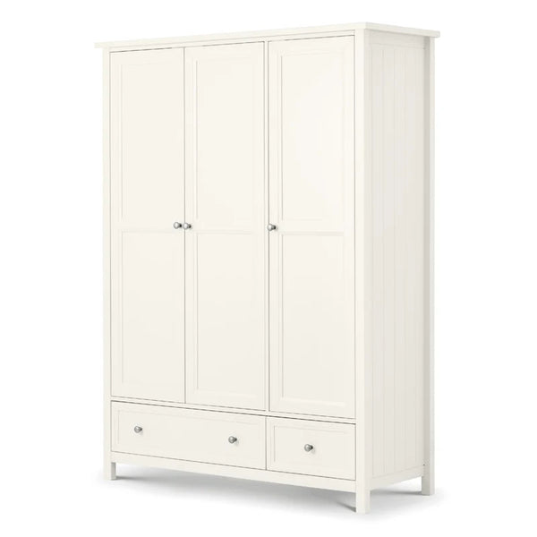 White wardrobe with three doors and two drawers on a white background