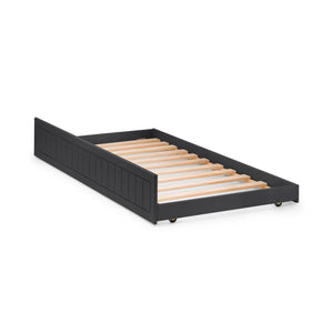 Black bed frame with wooden slats on a white background