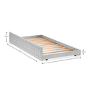 White bed frame with wooden slats and dimensions labeled on a white background