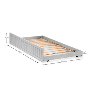White bed frame with wooden slats and dimensions labeled on a white background