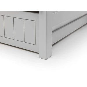 Gray wooden bench with panel design on a white background