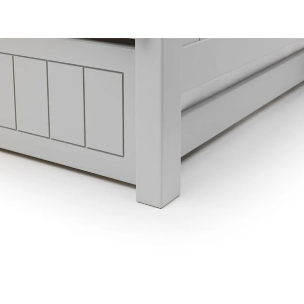 Gray wooden bench with panel design on a white background