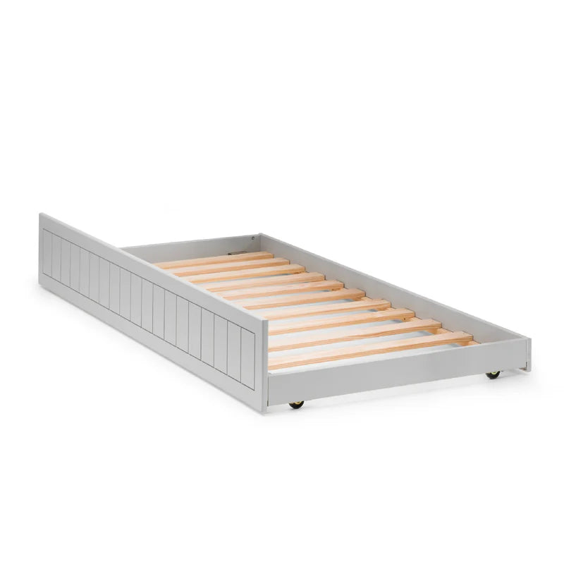 Grey bed frame with wooden slats on a white background