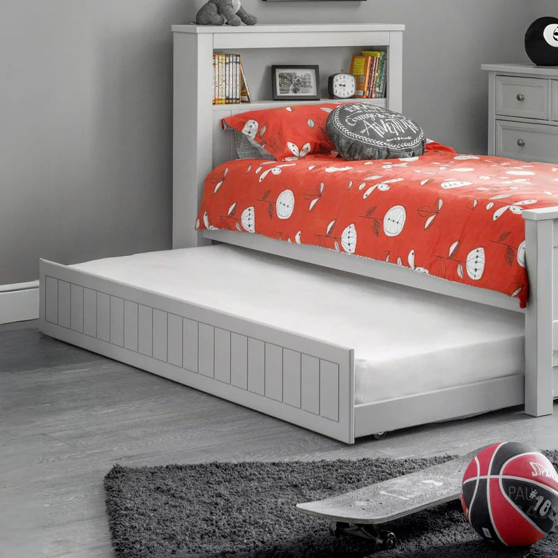Grey bed frame with wooden slats on a white background