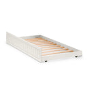 White bed frame with wooden slats on a white background