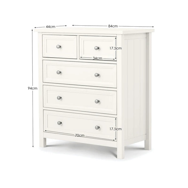 White dresser with dimensions labeled on a white background