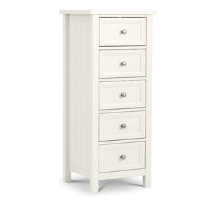 White dresser with five drawers on a white background