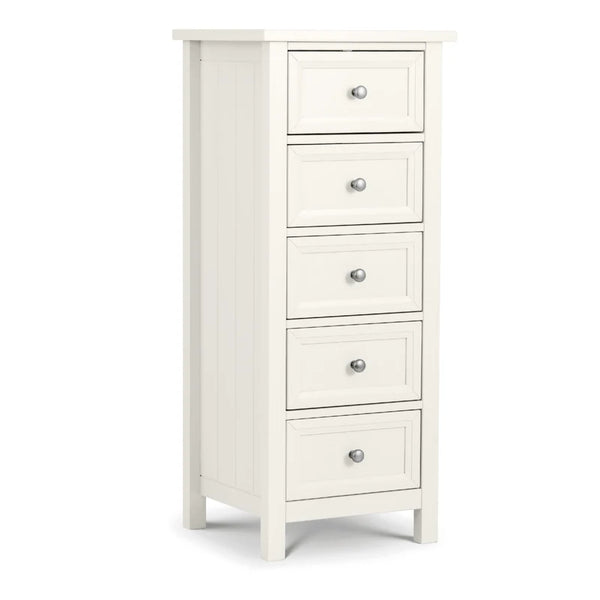 White dresser with five drawers on a white background