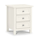 White nightstand with three drawers on a white background