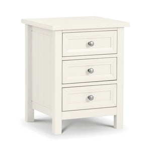 White nightstand with three drawers on a white background