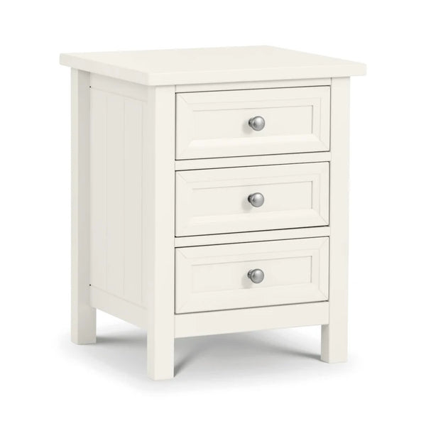 White nightstand with three drawers on a white background