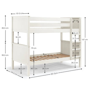 White wooden bunk bed with dimensions marked on a white background