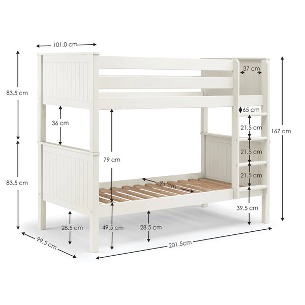 White wooden bunk bed with dimensions marked on a white background