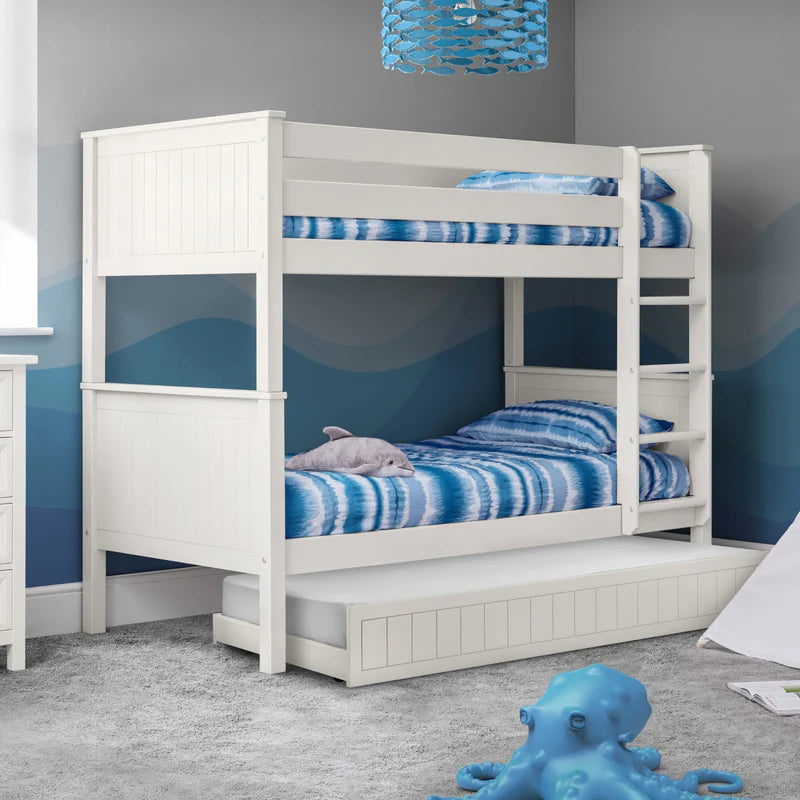 White bunk bed with blue striped bedding on a white background