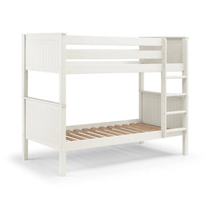 White wooden bunk bed with ladder on a white background