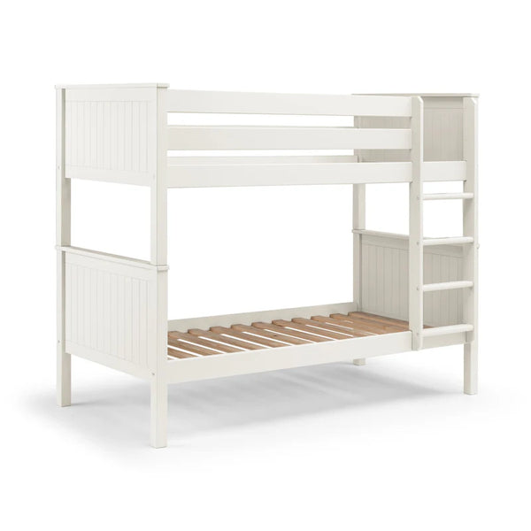 White wooden bunk bed with ladder on a white background