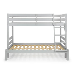 Gray bunk bed with wooden slats on a white background