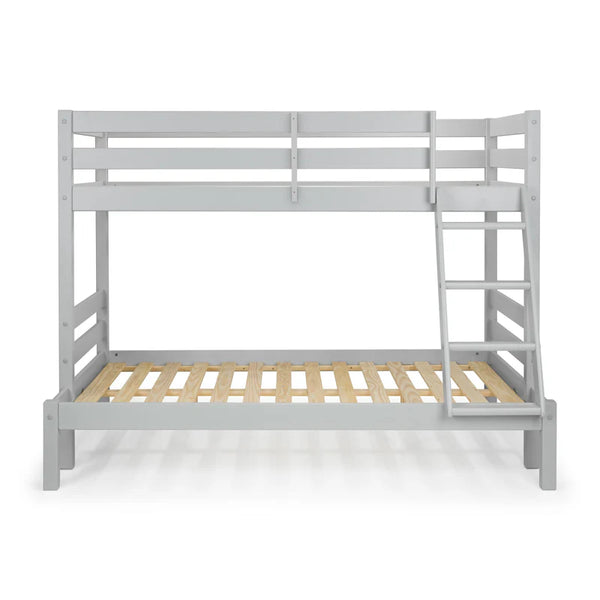 Gray bunk bed with wooden slats on a white background