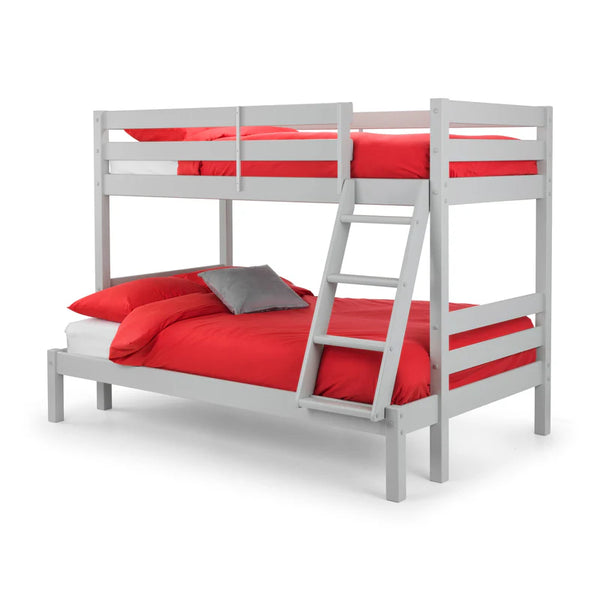 White bunk bed with red bedding on a white background