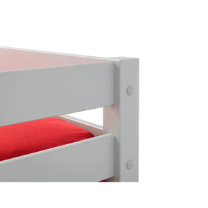 White bunk bed with red mattress on a white background