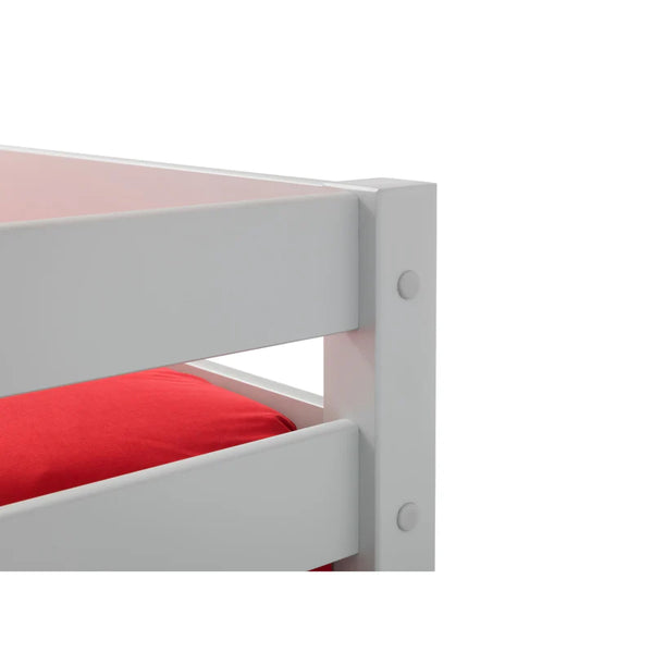White bunk bed with red mattress on a white background