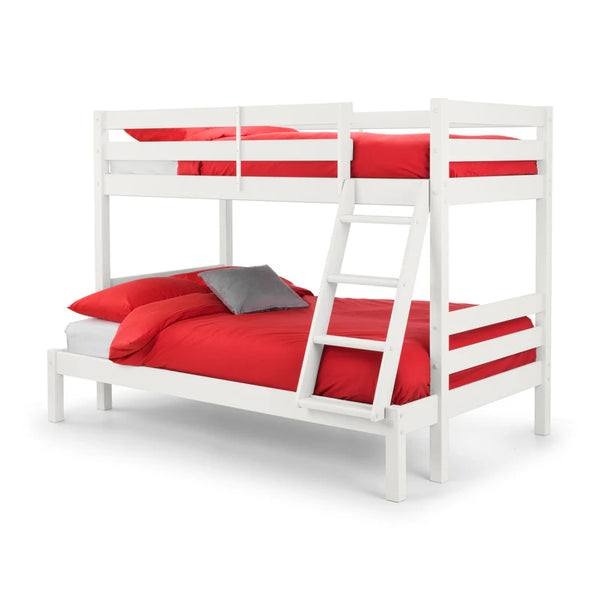 White bunk bed with red bedsheets on a white background
