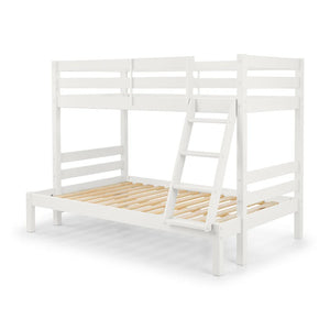 White wooden bunk bed with a ladder on a white background