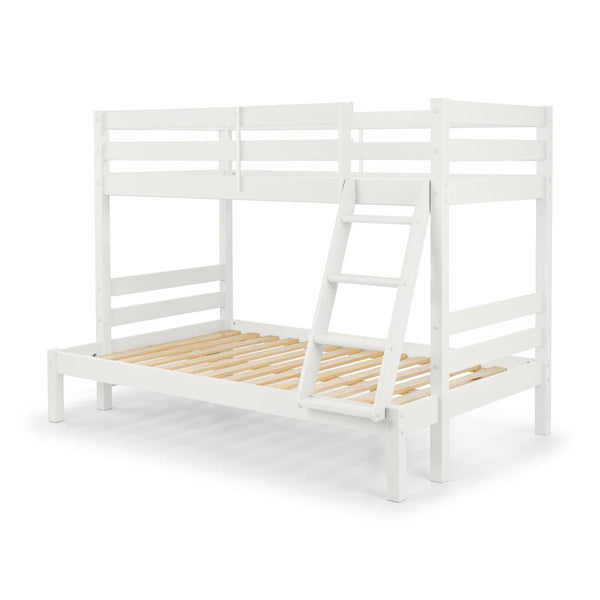 White wooden bunk bed with a ladder on a white background