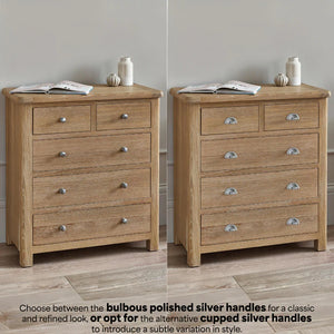 Two wooden dressers with silver handles on a neutral background